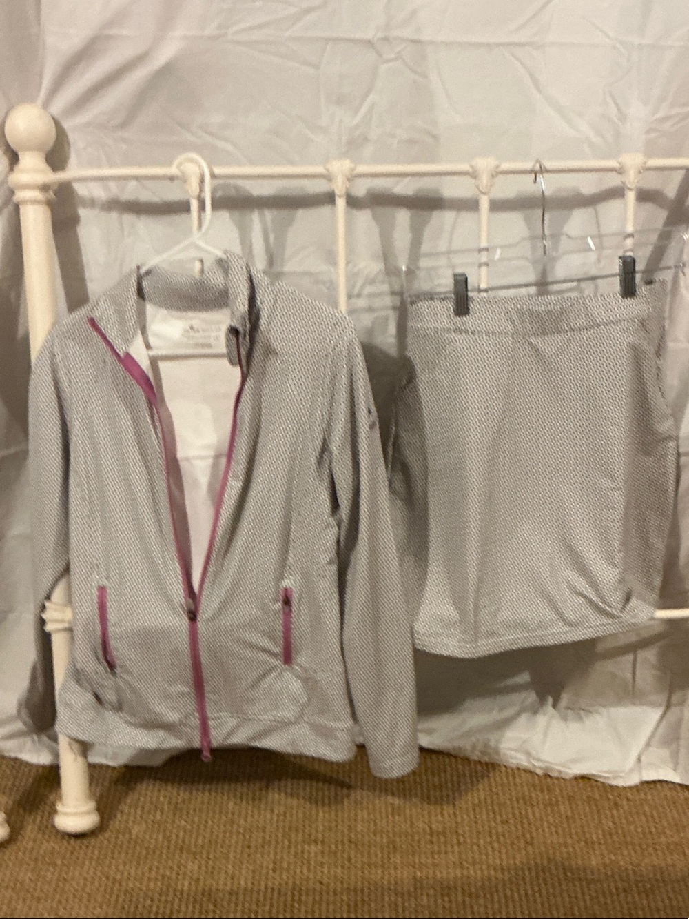 Peter Millar Light Gray Blazer Jacket and Skirt with Pink Trim